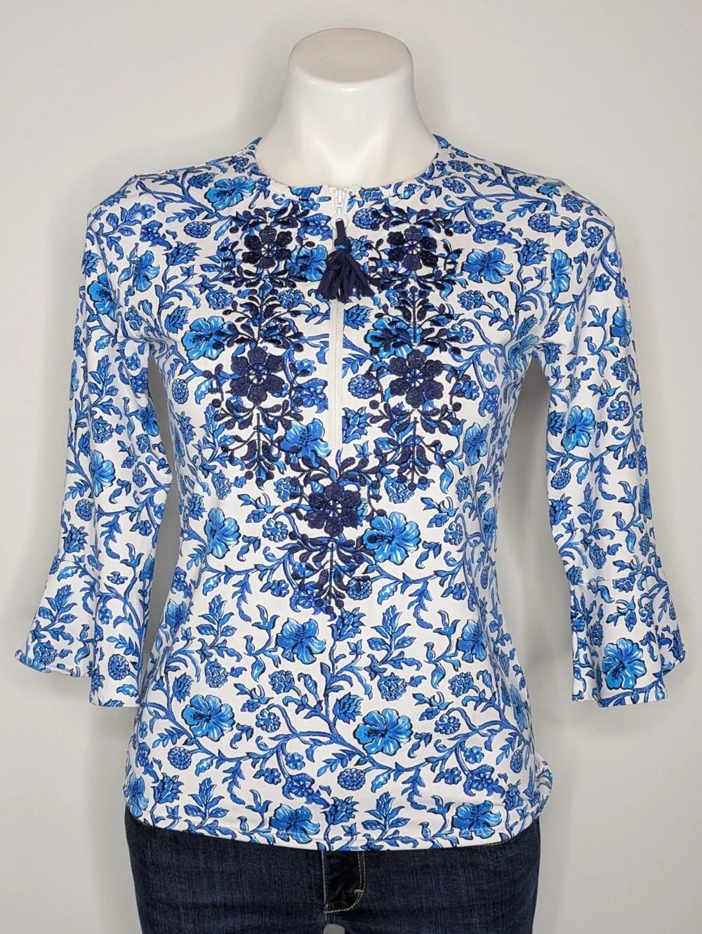 Tommy Bahama Blue White Floral Embroidered 1/3 Zip 3/4 Sleeve Rash Guard S
